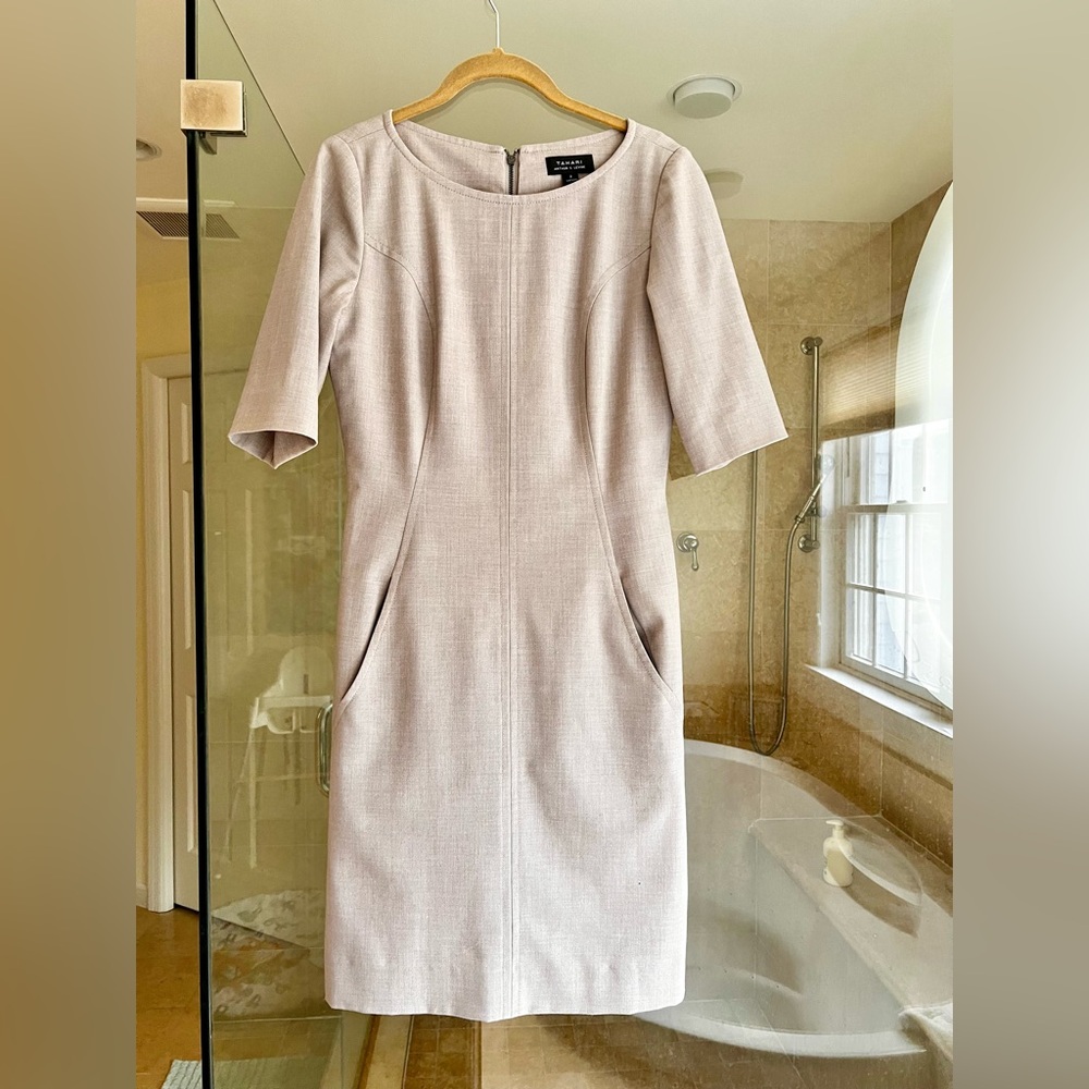 Tahari Gray Sheath Midi Dress Crew Neck Short Sleeve